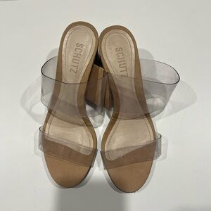 Schutz Clear and Tan Block Heel Sandals